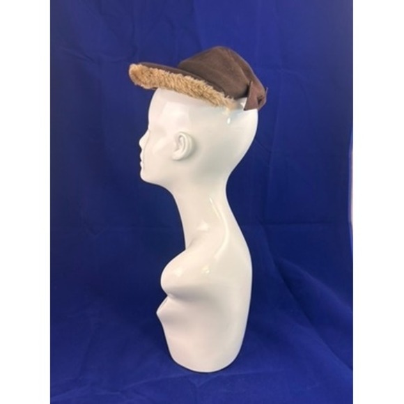 Accessories - Vintage 1940s Brown Felt Hat Fur Trim Tilt Cap Women's Winter Hat